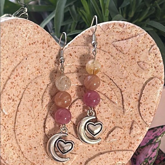 Handmade Jewelry - Handmade Silver Moon & Heart Earrings w/ Strawberry Quartz + Citrine Crystal